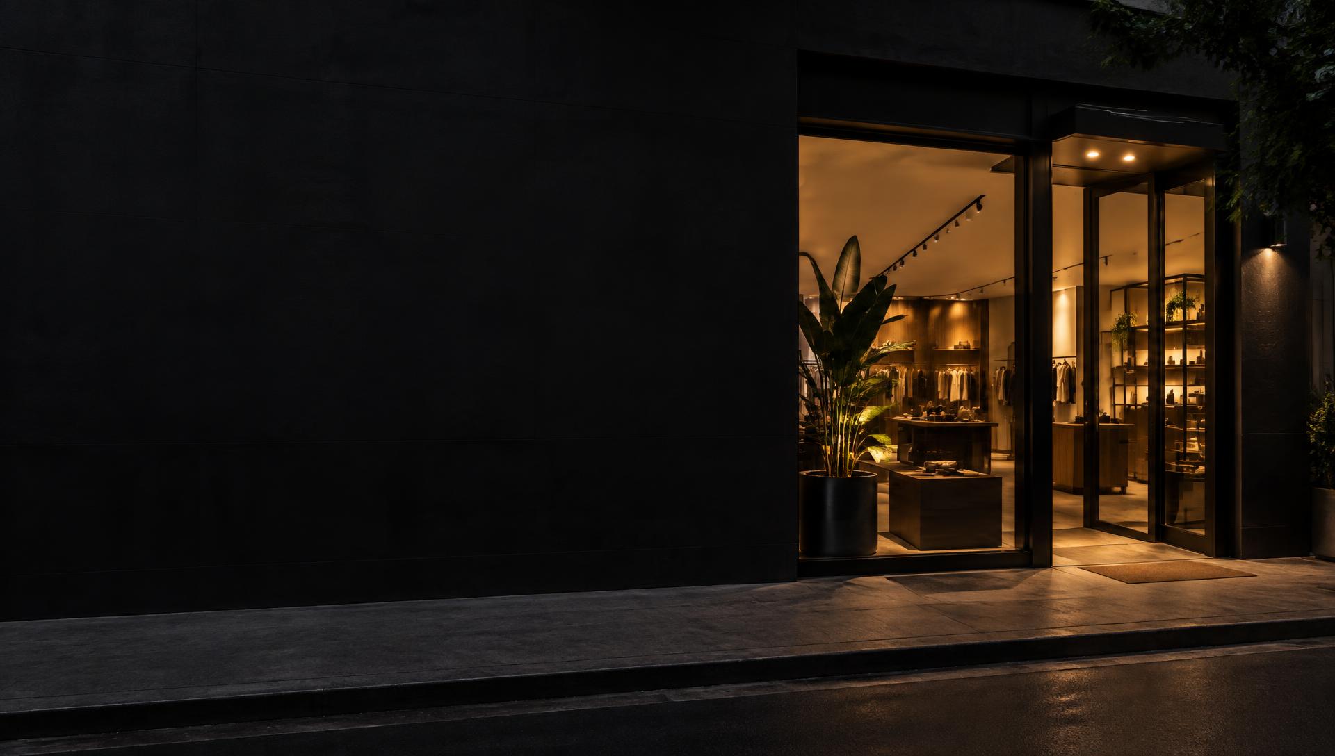 Fachada de um negócio local com interior iluminado